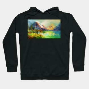 Majestic Peaks and Serene Lakes: A Vibrant Mountain Landscape Oil Painting #3 Hoodie